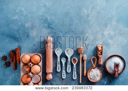 Baking Pattern With Measuring Spoons, Wooden Scoops, Whisks, Rolling Pin, Honey Spoons, Sugar, Flour