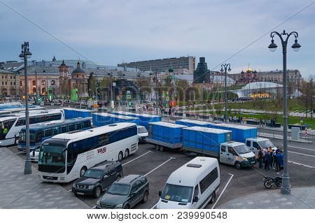 Moscow, Russia - April 30, 2018: Trucks With Biotoilets Near Red Square Before The May 1 Celebration