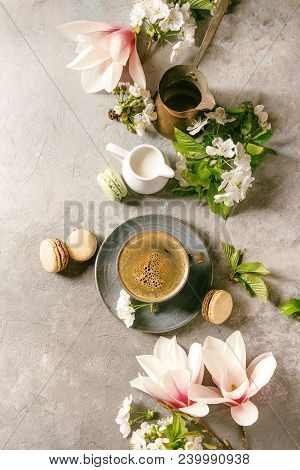 Blue Cup Of Black Espresso Coffee French Dessert Macaroons, Cream And Spring Flowers Magnolia, Bloom