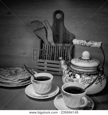 Two Mugs Of Hot Tea, Tea And Pancakes