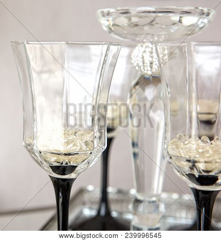 Bright Glasses Close Up. Banquet. Glasses On The Festive Table Setting. Wedding Table Decor Concept.