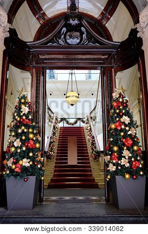 Hall Decorations To Christmas Holidays, Beautiful Historical Building With Strairs