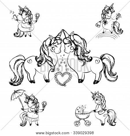 Set Of Cute Unicorns, Hand Drawn Isolated On White Background