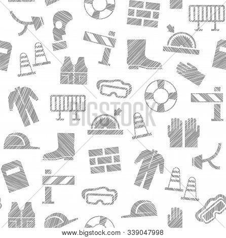 Safety At Work, Labor Protection, Seamless Pattern, White, Pencil Hatching, Vector. Special Clothing
