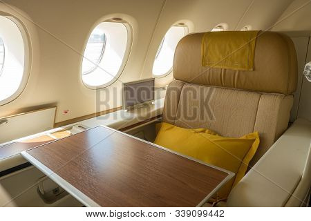 Luxury First Or Business Class Suite In Gold Color Feel Private For Travel.business Comfort And Eleg