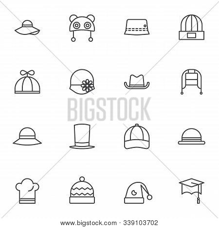 Hats Line Icons Set. Headdress Linear Style Symbols Collection, Outline Signs Pack. Vector Graphics.