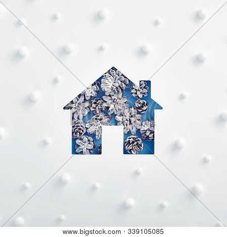 House Silhouette Made Of Snowy Pine Cone With Abstract Snow Pattern