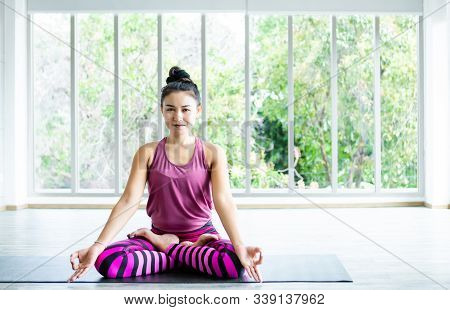 Asian Women Workout Practicing Yoga Training Put On Pink Clothes And Practice Meditation Wellness Li