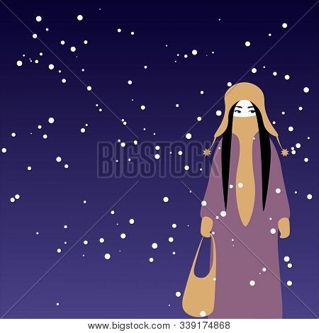Cartoon Girl In Warm Clothes Walking Winter Night Or Evening