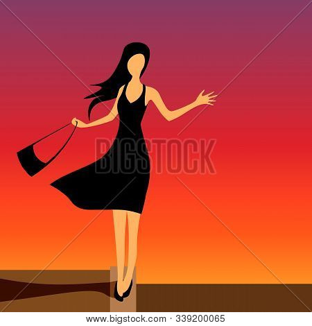 Girl In Black Evening Dress Walking On The Curb And Waving Hand. Colorful Sunset Sky, Wind Blowing