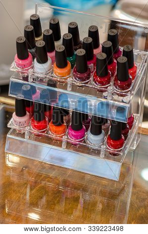 Moscow - Circa August, 2011: Interior Of A Modern Beauty Salon With Lots Of Laque Bottles