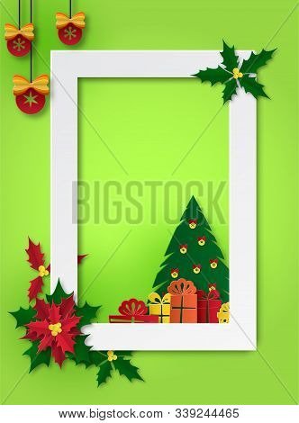 Frame Template With Decorated Christmas Tree, Gifts, Balls. Red Poinsetia Flower. Place For Text.