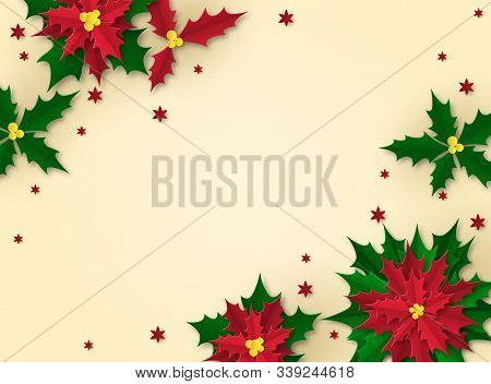 Background With A Red Flower. Christmas Poster In Paper Art Style. Poinsetia With Green And Red Leav
