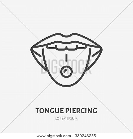 Tongue Piercing Line Icon, Vector Pictogram Of Face Jewelry. Piercing Studio Logo, Linear Illustrati