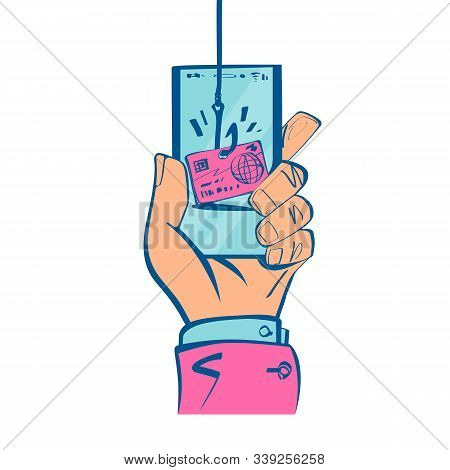 Theft Of Data From Smartphone. Credit Card On A Hook. Theft Of Bank Data. Credit Card Fraud. Phishin