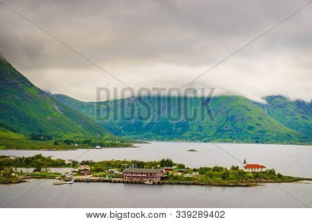 Fjord Landscape With Sildpollnes Chapel, Lofoten Islands, Sildpollneset Peninsula On Of Austvagoya, 