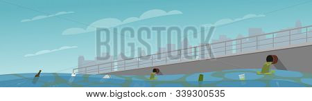 Horizontal Image (panorama) Of Wastewater On The Background Of Sergo City. Vector Illustration.