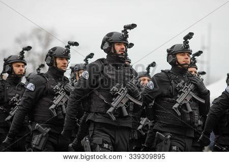 Bucharest, Romania - December 1, 2019: Officers From The Romanian Intelligence Service (sri) March D