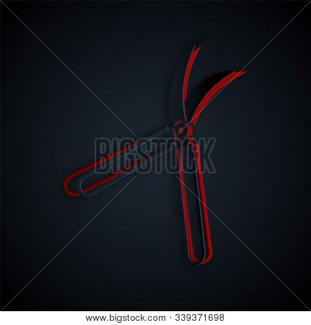 Paper Cut Gardening Handmade Scissors For Trimming Icon Isolated On Black Background. Pruning Shears