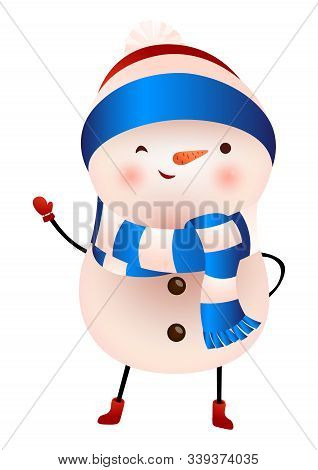Snowman In Scarf And Cap Winking And Waving Vector Illustration