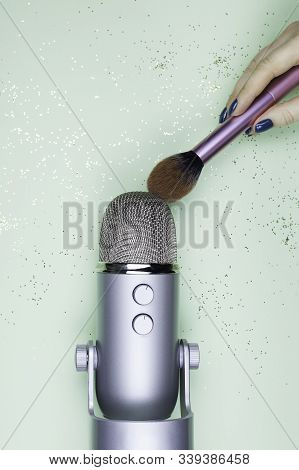 Woman Hands Move Brush Around Professional Michrophone - Process Of Making Asmr Sounds. Recording Of