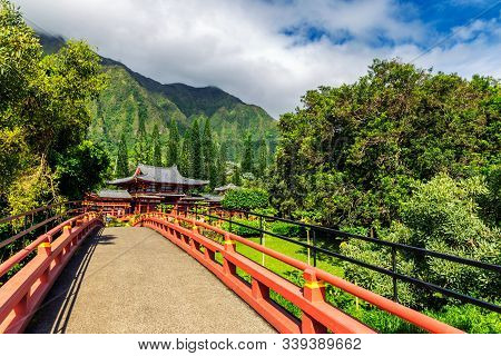 Byodo-in Japanese Temple Surrounded By Beautiful Nature Of Oahu Island, Hawaii