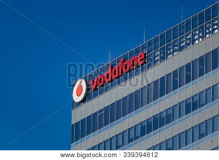 Bucharest, Romania - December 09, 2019: A Logo Of Vodafone, British Telecommunications Company, Is S