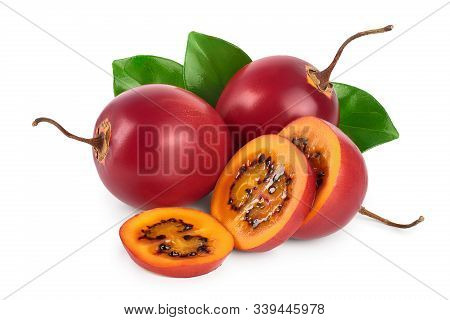 Fresh Tamarillo Fruit With Leaves Isolated On White Background