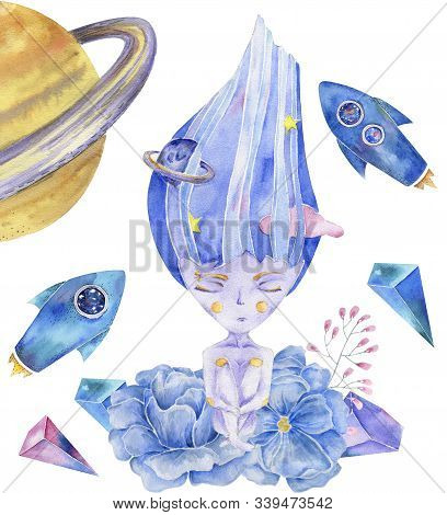Space Girl Watercolor Fantasy On Milky Way Solar System Magic Flying Blue Set Rockets Ufo Flowers Ch