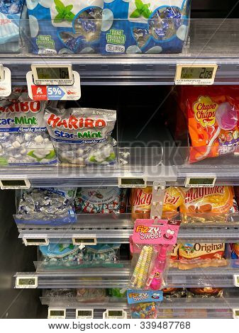 Paris, France- Oct 18, 2019: Multiple Sweets From Haribo And Chupa Chups For Sale Inside Auchan Food