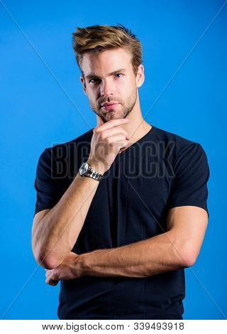 Expensive Luxury Accessory. Confident Macho Luxurious Watch Blue Background. Watches Are Convenient.