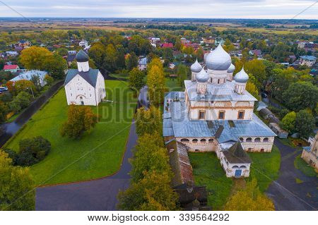 Top View Of The Old Znamensky Cathedral And Spasskaya Church On A Cloudy September Morning. Veliky N