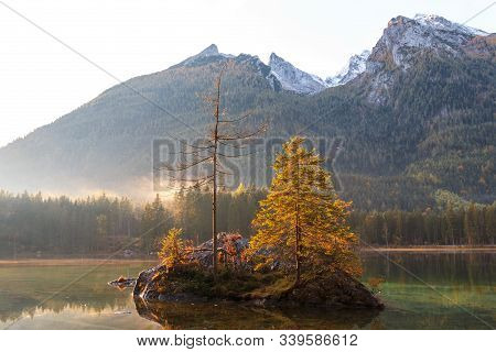 Beautiful Autumn Colors In The Sunrise At The Hintersee Lake In Bavaria Alps In Germany