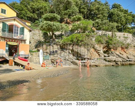 Portofino, Italy - September 16, 2019: The Sand Beach Known As Paraggi Near Portofino In Genoa On A 