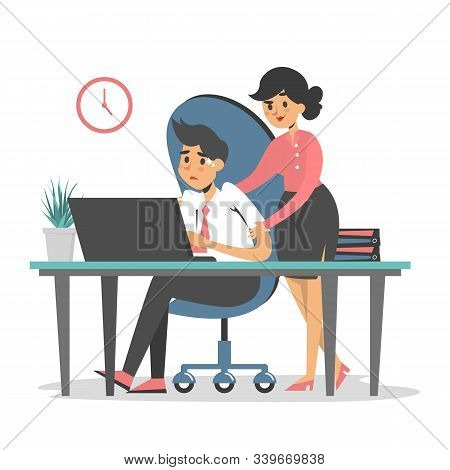 Sexual Harassment At Work Vector Isolated. Woman Boss Touch Man Employee At The Workplace. Inappropr