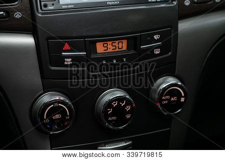 Novosibirsk, Russia - October 26, 2019:  Ssangyong Actyon, Close Up Instrument Automobile Panel With