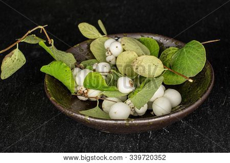 Lot Of Whole White Snowberry In Glazed Bowl On Grey Stone