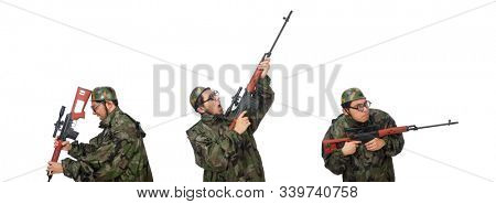Military man with a gun isolated on white