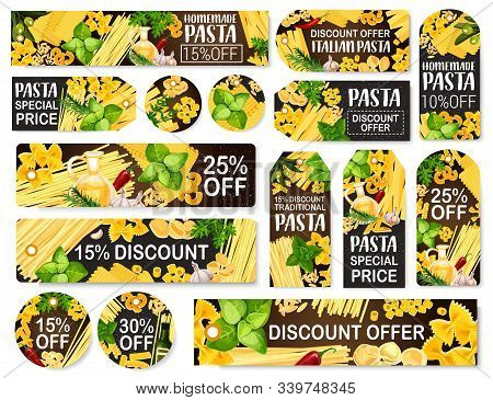 Italian Pasta Discount Tags And Food Store Product Labels. Vector Italy Cuisine Traditional Homemade