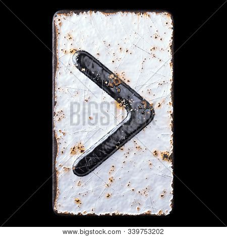 3D render symbol right angle bracket made of forged metal on the background fragment of a metal surface with cracked rust. 3d rendering
