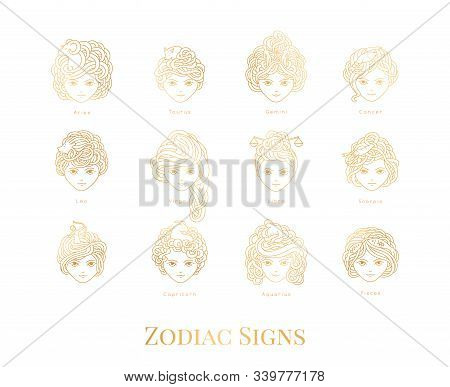 Vector Illustration Of Girls With Beautiful Hair. Zodiac Sign, Prediction, Future, Astrology. Fortun