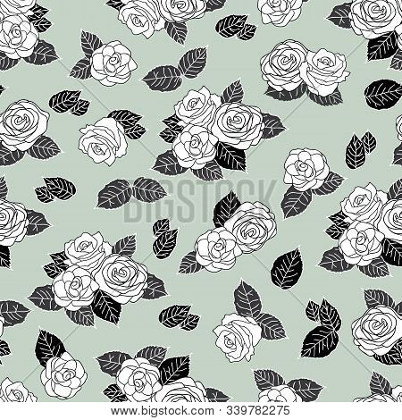 Vector Pattern With White Roses - Green Background