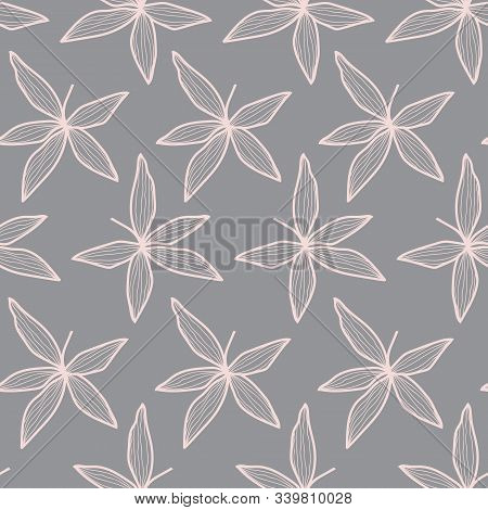 Vector Pattern With Pink Leaves On Grey Background