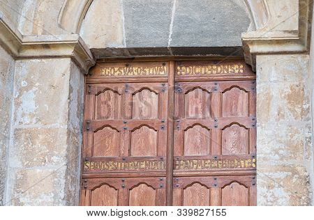 Jerusalem, Israel, December 07, 2019 : Entrance Doors To The Benedictine Abbey Of Abu Gosh In The Ch