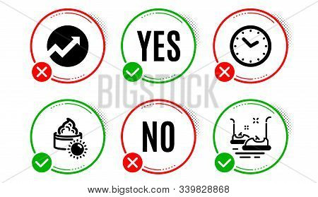 Time, Audit And Sun Cream Icons Simple Set. Yes No Check Box. Bumper Cars Sign. Clock, Arrow Graph, 