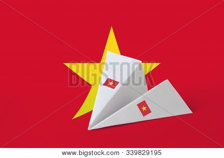 Vietnam Flag Depicted On Paper Origami Airplane. Handmade Arts Concept