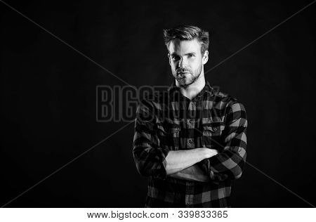 Standards Of Manliness Or Masculinity. Handsome Well Groomed Man In Checkered Shirt. Manliness Conce