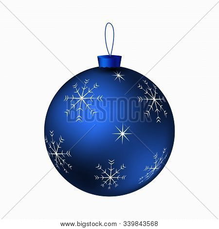 Christmas Ball Blue 3d Realistic With A Pattern Of White Snowflakes Of Different Sizes. Christmas Tr