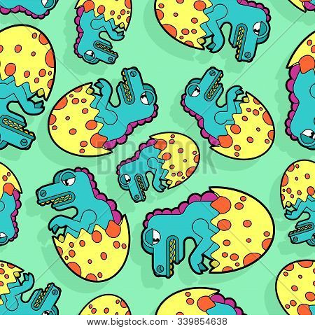 Dinosaur In Egg Pattern Seamless. Small Dyno In Shell Background. Baby Fabric Texture. Cartoon Vecto