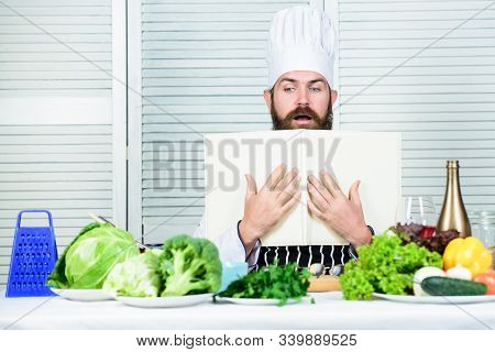 Start Culinary Career. Ultimate Cooking Guide Step By Step. Book Recipes Copy Space. Man Chef In Hat